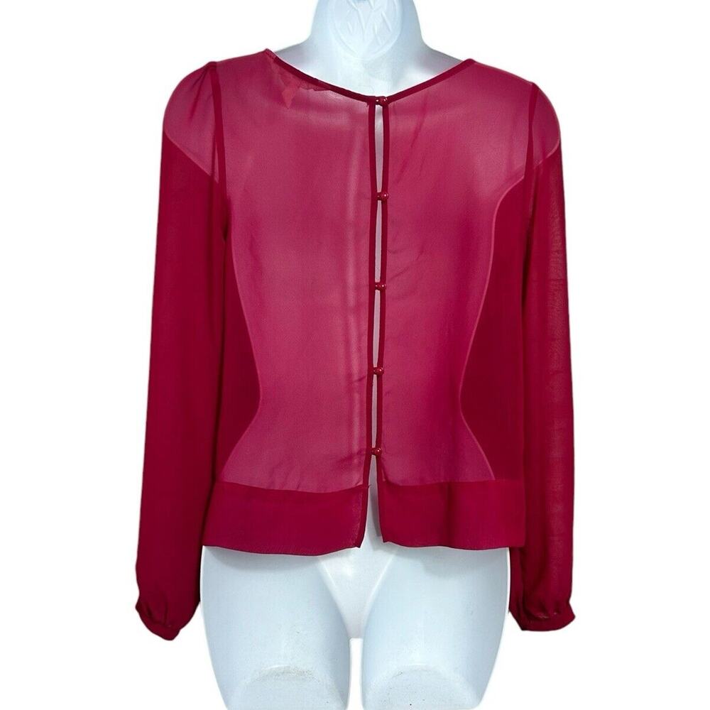 BCBGeneration Magenta Semi Sheer Blouse Sz XS Open Back Loose Long-Sleeve Top - Picture 6 of 7
